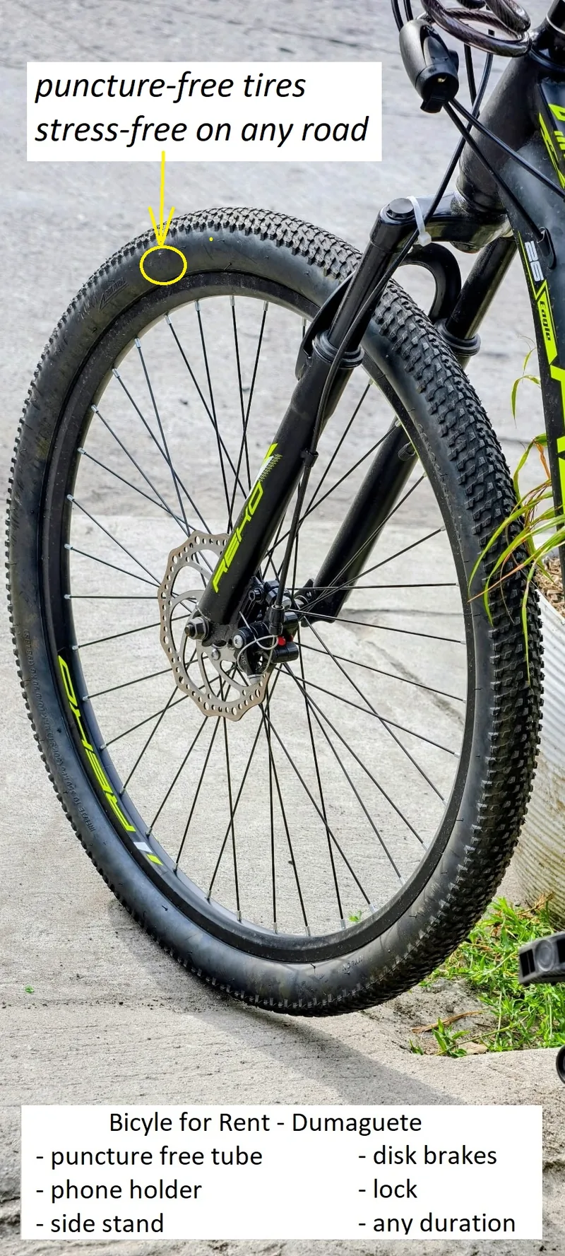 Front wheel and disc brake, puncture-proof tyre